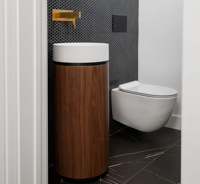 15″ Freestanding Pedestal Basin with Solid-Surface Sink and Walnut Finish Base