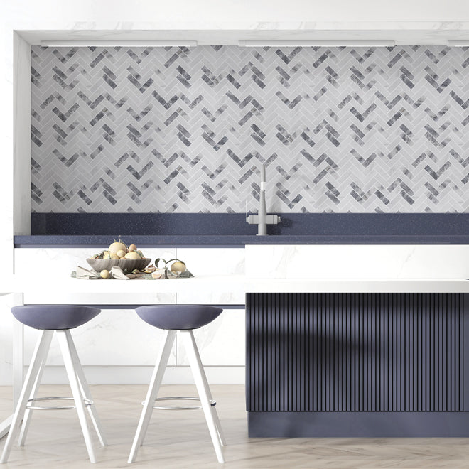 12" × 12" Arctic Mist Herringbone Marble Mosaic Tile