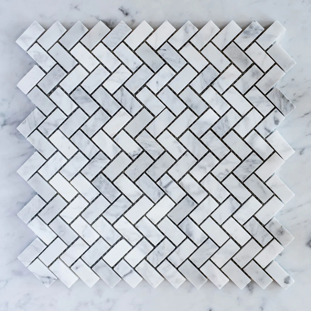 12" × 12" Arctic Mist Herringbone Marble Mosaic Tile