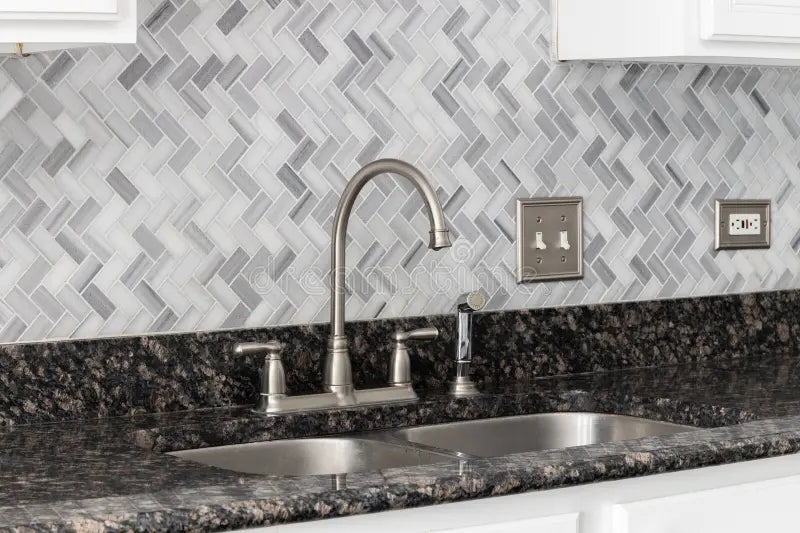 12" × 12" Arctic Mist Herringbone Marble Mosaic Tile