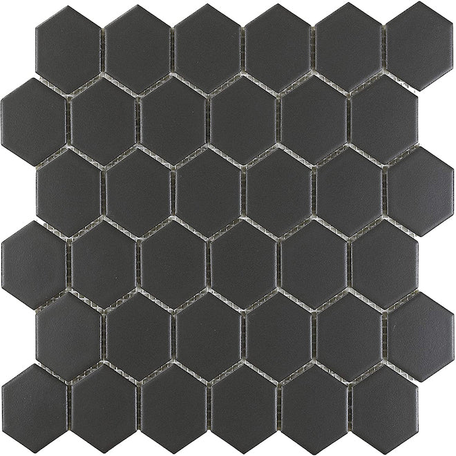 12" × 12" Midnight Hexagon Porcelain Mosaic Tile – Satin Finish