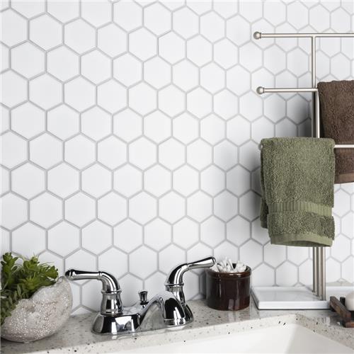 12" × 12" Snowfall Hexagon Porcelain Mosaic Tile – Satin Finish