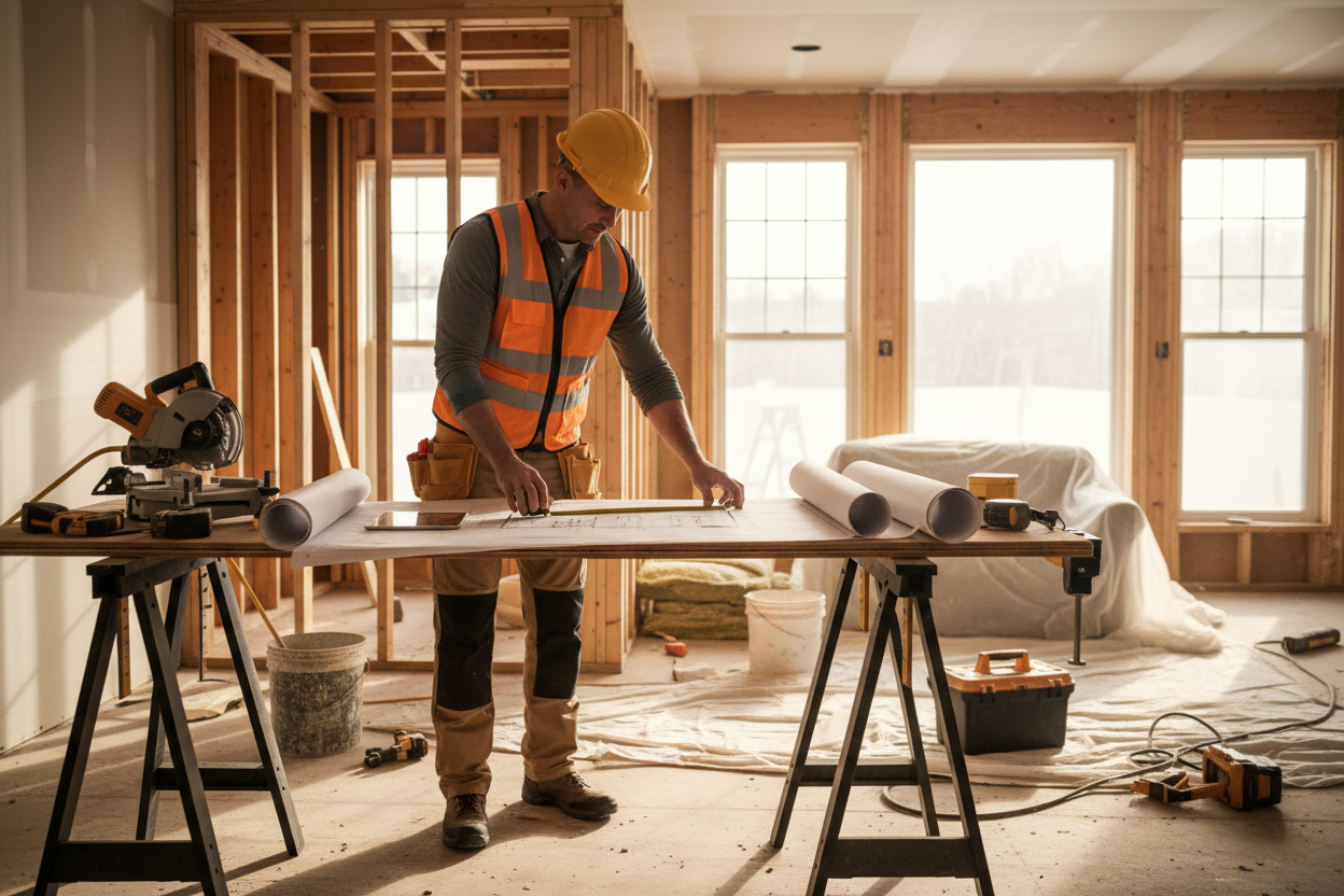 A contractor reviewing renovation plans / blueprints inside a home.